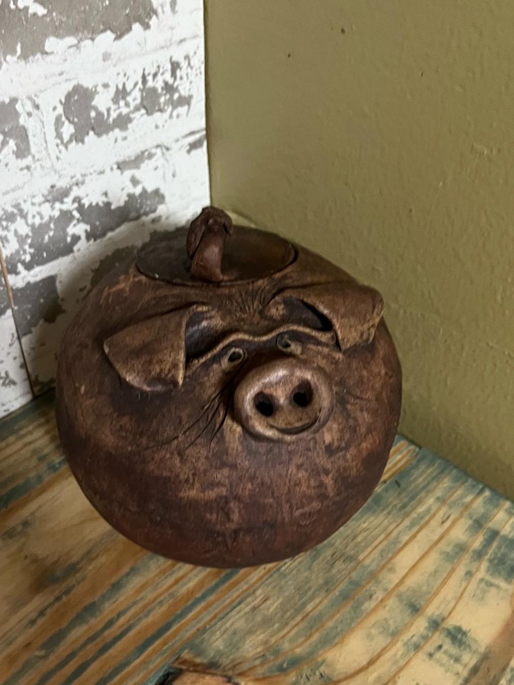 Vintage handmade clay folk art pig sculpture,